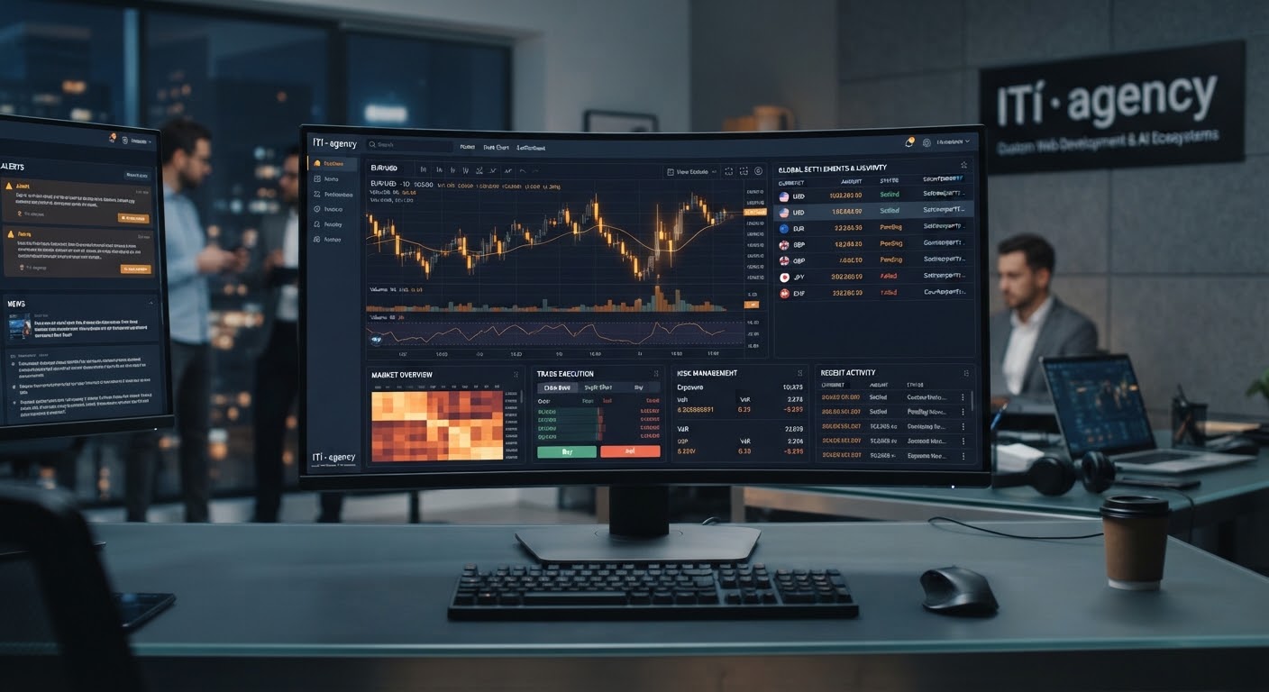 A sophisticated digital financial trading and settlement terminal dashboard rendered in dark navy and graphite tones, wi