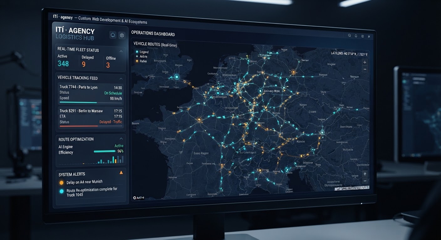 An advanced telemetry and logistics hub interface displaying real-time vehicle routes across a schematic digital map, us