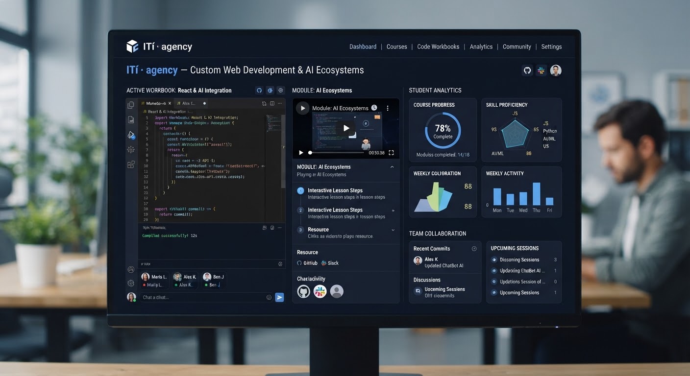 A modern collaborative educational portal interface showing interactive code workbooks, modular student analytics charts