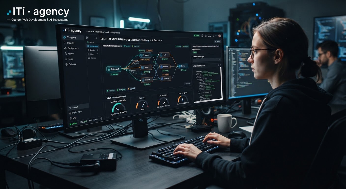 A multi-agent autonomous AI pipeline visualization dashboard depicting graph execution networks, token throughput gauges