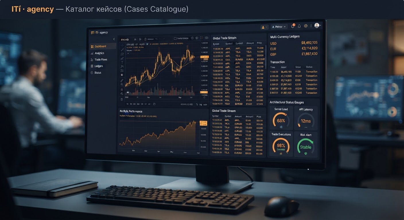 A dark-mode fintech banking terminal interface displaying financial trade data streams, hairline analytical charts, mult
