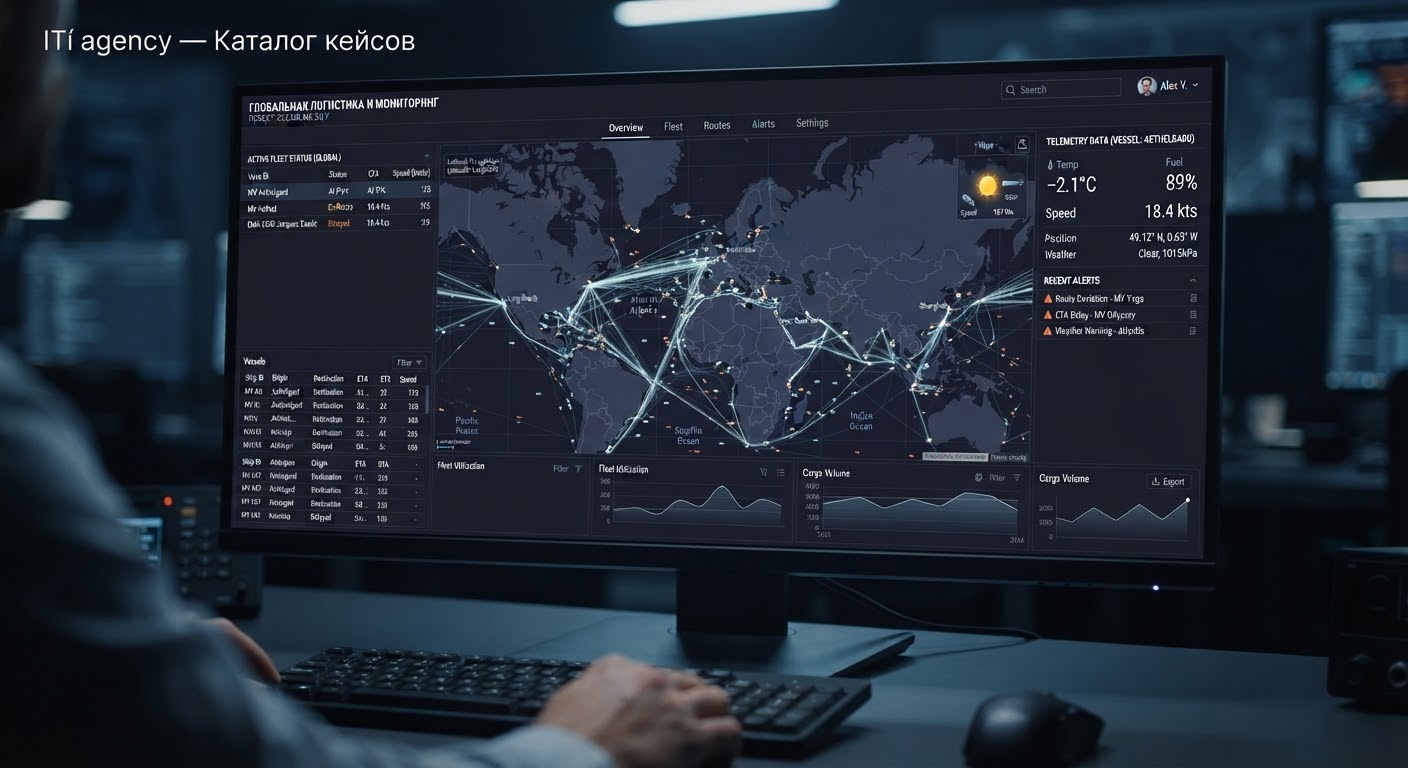 An industrial logistics dispatch console monitor rendering global shipping routes, real-time fleet coordinates, telemetr