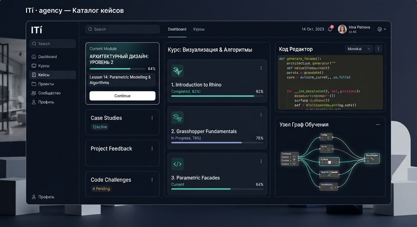 An architectural educational dashboard featuring clean modular curriculum cells, interactive code editors, node learning