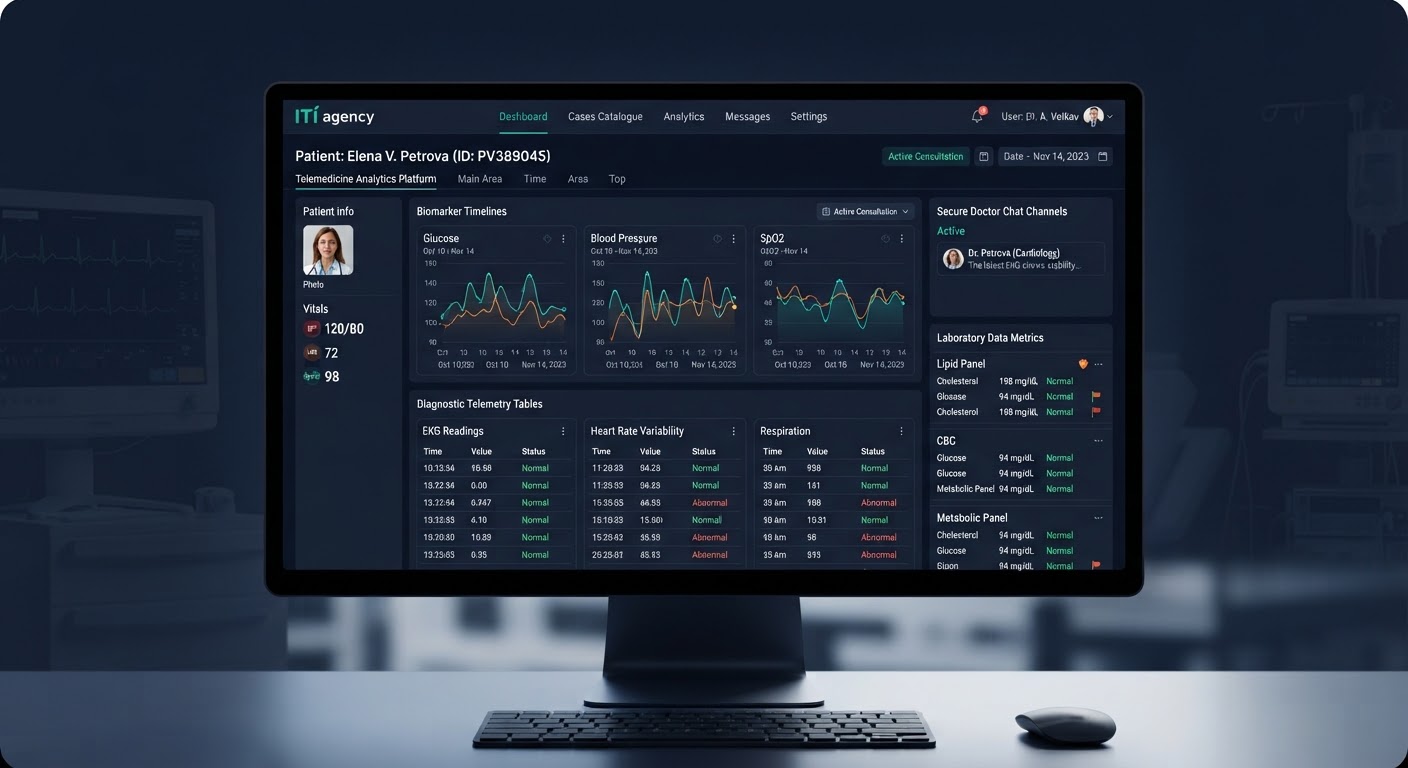 A clinical telemedicine software layout presenting patient biomarker timelines, diagnostic telemetry tables, secure doct