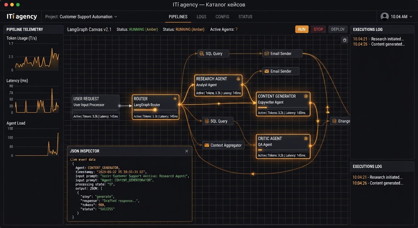 An AI autonomous agent orchestration pipeline canvas showing real-time token telemetry, LangGraph execution nodes, laten