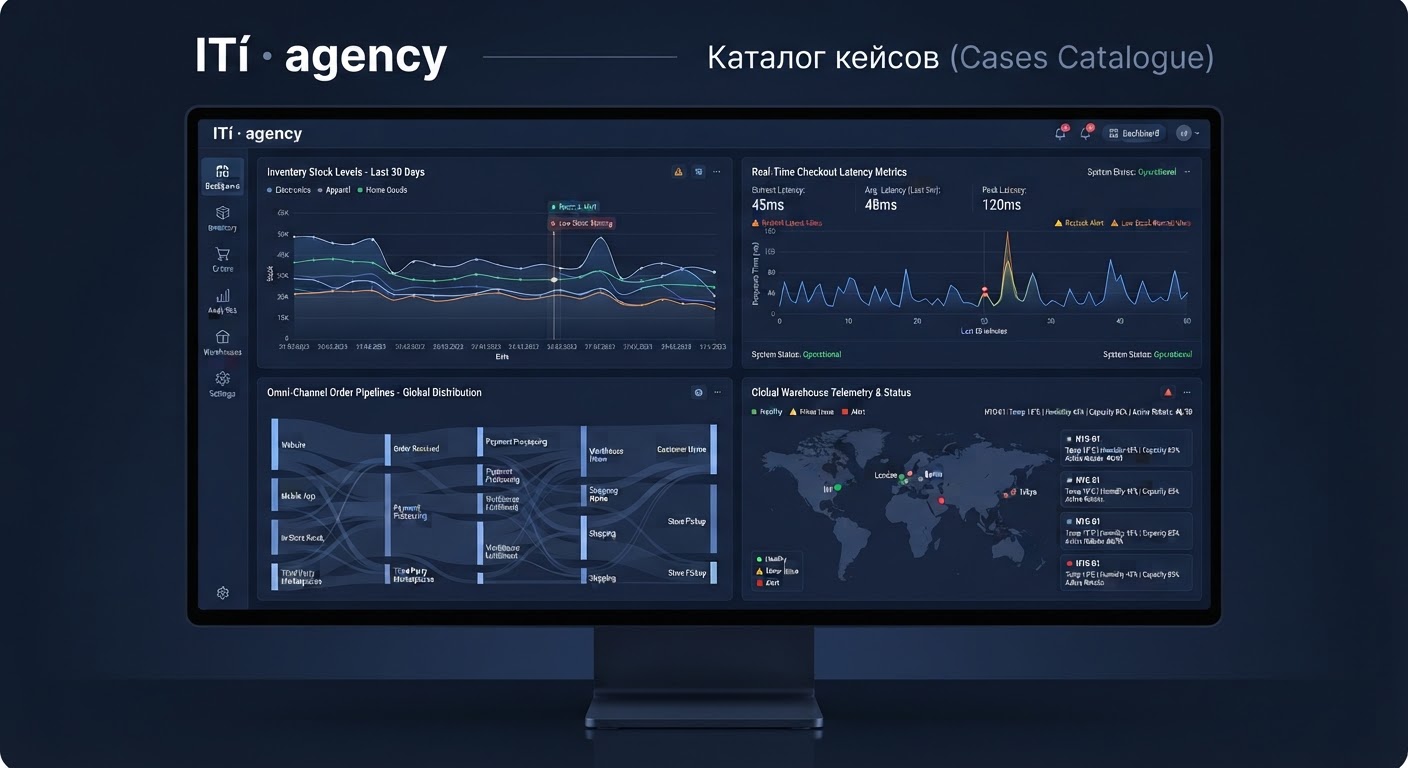 A modern enterprise e-commerce inventory console displaying inventory stock graphs, real-time checkout latency metrics, 