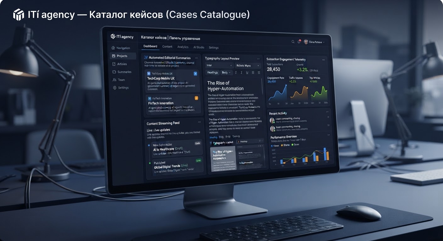 A sophisticated editorial publishing dashboard with automated AI summarization channels, content streaming feeds, typogr