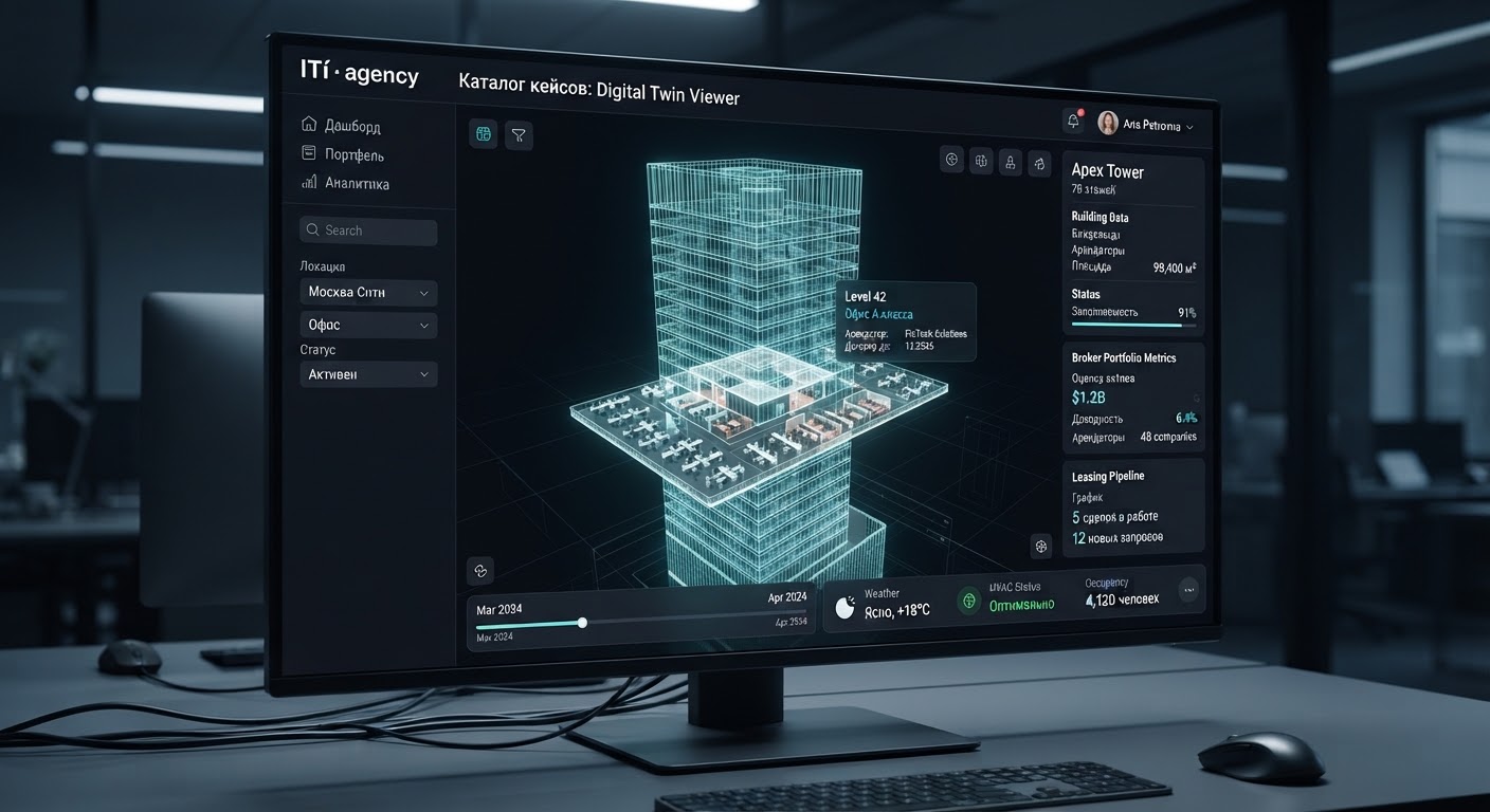 A real-time 3D architectural digital twin viewer rendering commercial skyscraper wireframes, dynamic floorplan floorplat